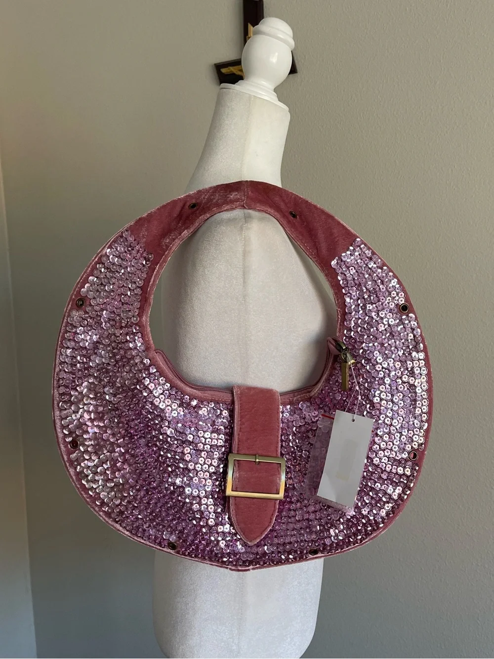 Big Buddha Pink Sequin Crescent Shoulder Bag